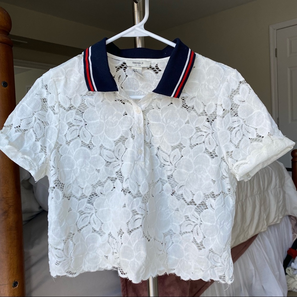 Forever 21 White Lace Collared Top, Small